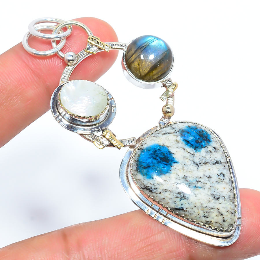 K2 Blue-Azurite & Labradorite 925 Sterling Silver Pendant, Handmade Pendant, Pear Pendant, Blue Pendant, Unique Silver Pendant, Fine Pendant, Silver Jewelry Pendant
