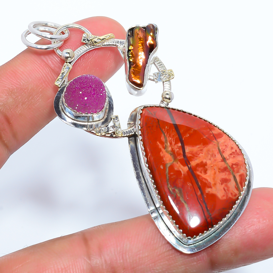 Snake Skin Jasper & Biwa Pearl 925 Sterling Silver Pendant, Handmade Pendant, Trillion Pendant, Red Pendant, Unique Silver Pendant, Fine Pendant, Silver Jewelry Pendant