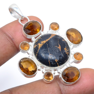 Copper Black Turquoise & Smoky Quartz 925 Sterling Silver Pendant, Handmade Pendant, Round Pendant, Black Pendant, Unique Silver Pendant, Fine Pendant, Silver Jewelry Pendant
