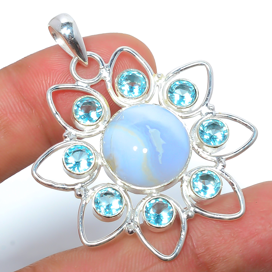 Blue Lace Agate & Blue Topaz 925 Sterling Silver Pendant, Handmade Pendant, Round Pendant, Blue Pendant, Unique Silver Pendant, Fine Pendant, Silver Jewelry Pendant
