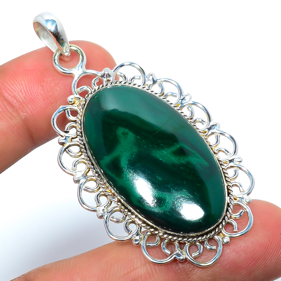 Malachite 925 Sterling Silver Pendant, Handmade Pendant, Oval Pendant, Green Pendant, Unique Silver Pendant, Fine Pendant, Silver Jewelry Pendant