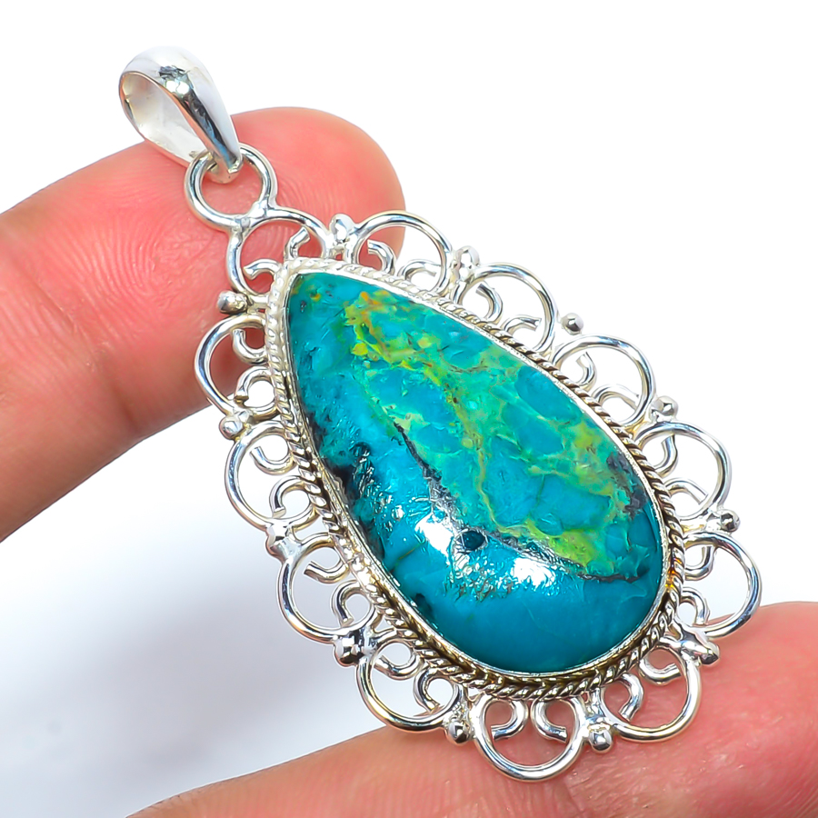 Chrysocolla 925 Sterling Silver Pendant, Handmade Pendant, Pear Pendant, Blue Pendant, Unique Silver Pendant, Fine Pendant, Silver Jewelry Pendant