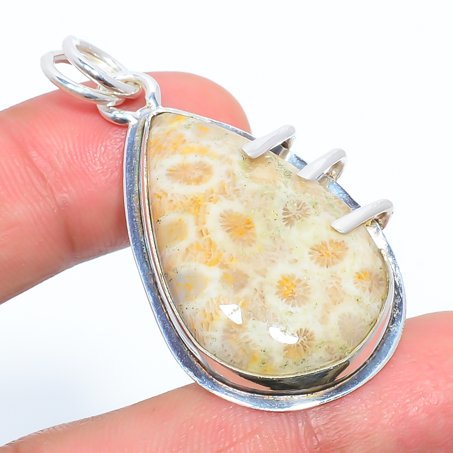 Fossil Coral 925 Sterling Silver Pendant, Handmade Pendant, Pear Pendant, Yellow Pendant, Unique Silver Pendant, Fine Pendant, Silver Jewelry Pendant