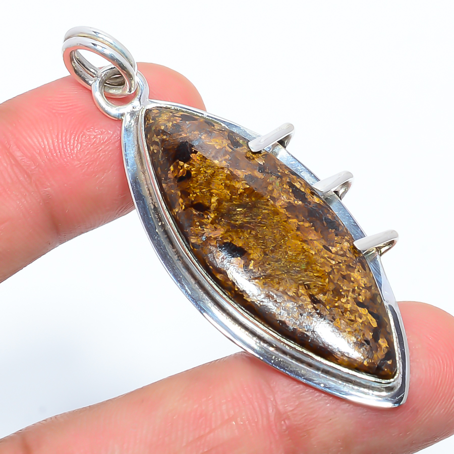 Bronzite Jasper 925 Sterling Silver Pendant, Handmade Pendant, Marquise Pendant, Brown Pendant, Unique Silver Pendant, Fine Pendant, Silver Jewelry Pendant