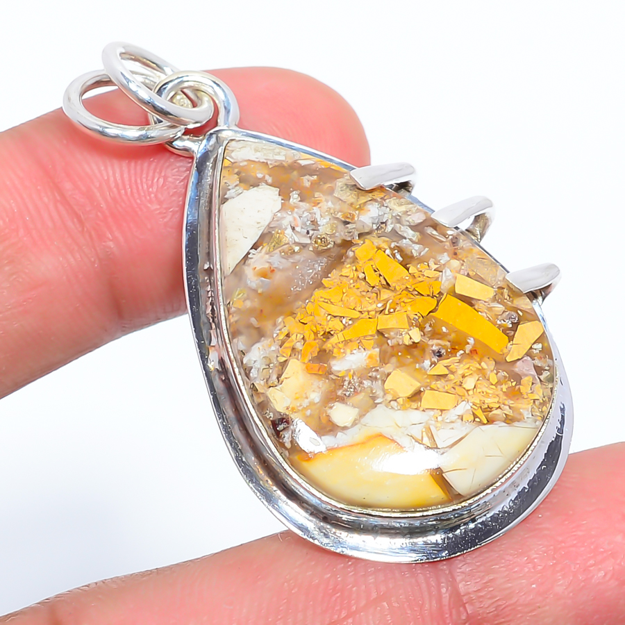 Brecciated Mookaite 925 Sterling Silver Pendant, Handmade Pendant, Pear Pendant, Yellow Pendant, Unique Silver Pendant, Fine Pendant, Silver Jewelry Pendant