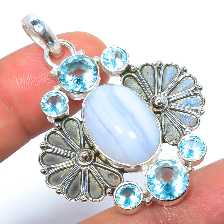 Blue Lace Agate & Blue Topaz 925 Sterling Silver Pendant, Handmade Pendant, Oval Pendant, Blue Pendant, Unique Silver Pendant, Fine Pendant, Silver Jewelry Pendant