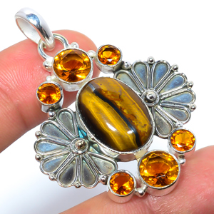 Yellow Tiger Eye & Golden Quartz 925 Sterling Silver Pendant, Handmade Pendant, Oval Pendant, Yellow Pendant, Unique Silver Pendant, Fine Pendant, Silver Jewelry Pendant