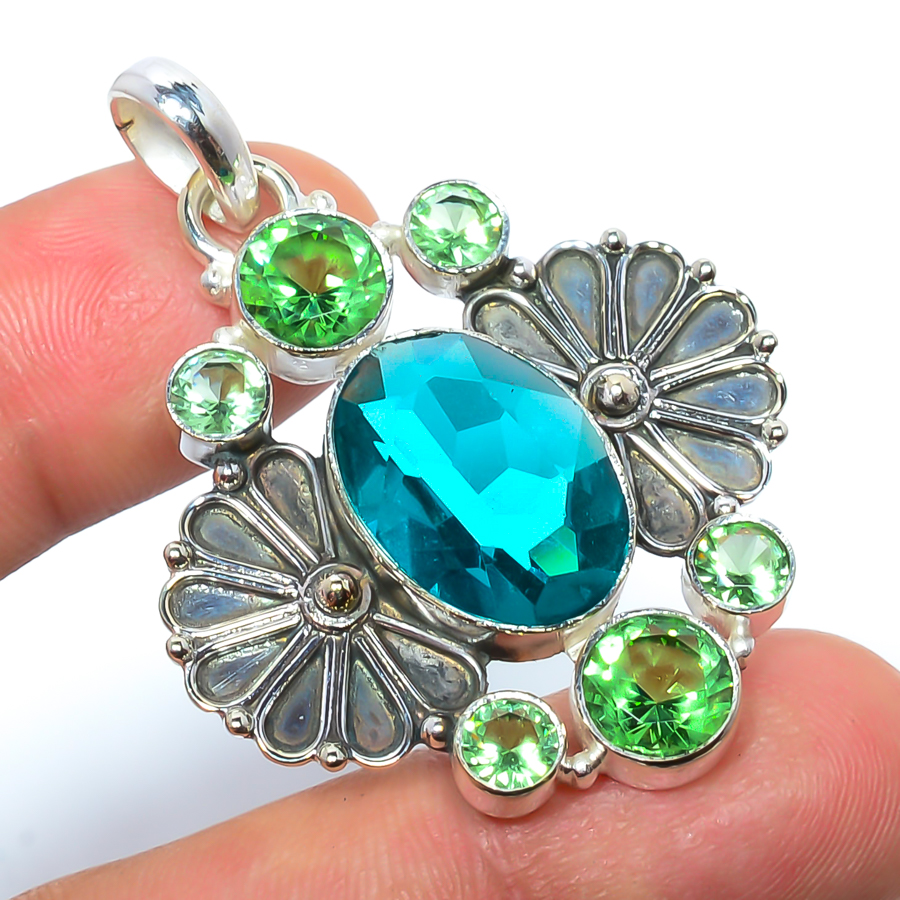 Blue Tourmaline & Green Amethyst 925 Sterling Silver Pendant, Handmade Pendant, Oval Pendant, Blue Pendant, Unique Silver Pendant, Fine Pendant, Silver Jewelry Pendant