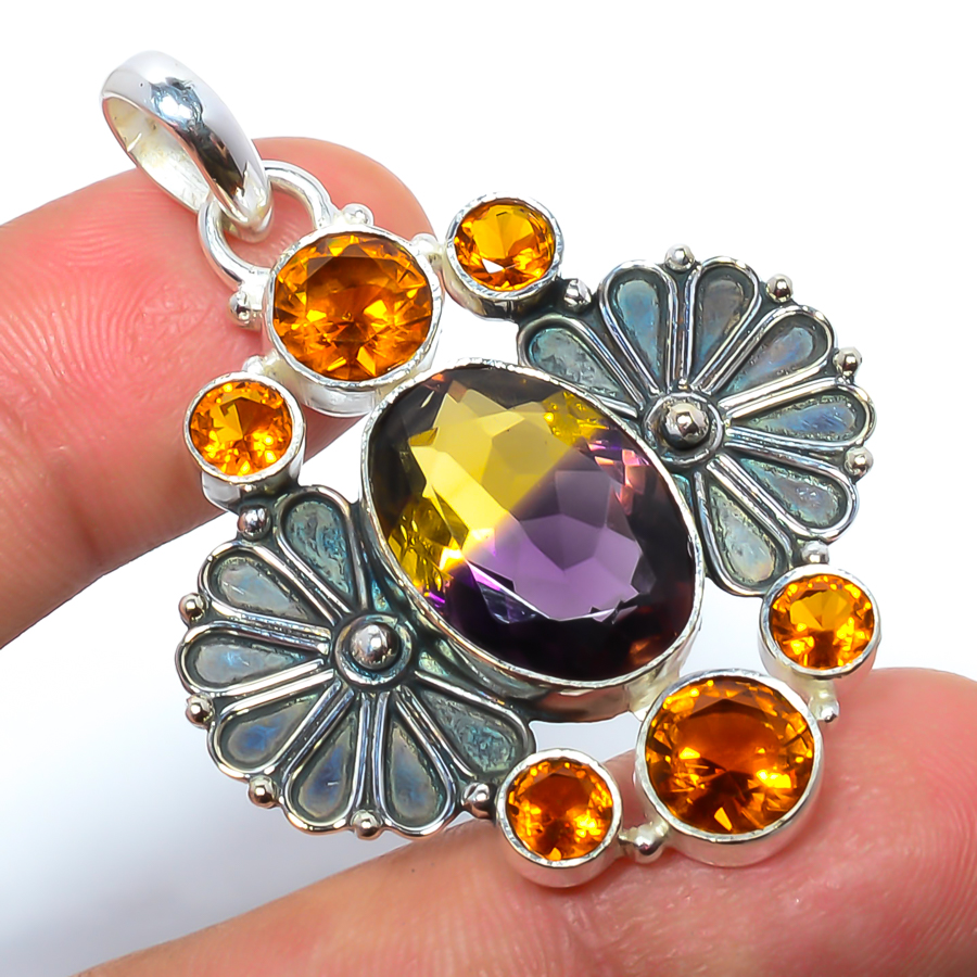 Ametrine & Citrine 925 Sterling Silver Pendant, Handmade Pendant, Oval Pendant, Blue Pendant, Unique Silver Pendant, Fine Pendant, Silver Jewelry Pendant