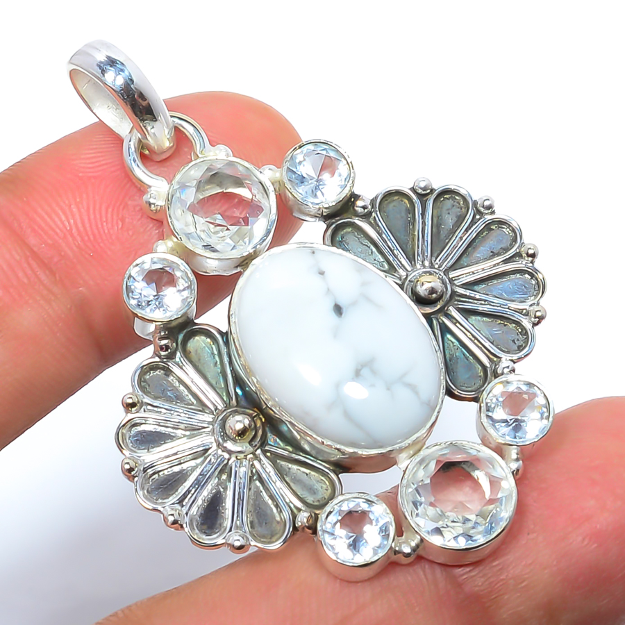 Howlite & White Topaz 925 Sterling Silver Pendant, Handmade Pendant, Oval Pendant, White Pendant, Unique Silver Pendant, Fine Pendant, Silver Jewelry Pendant