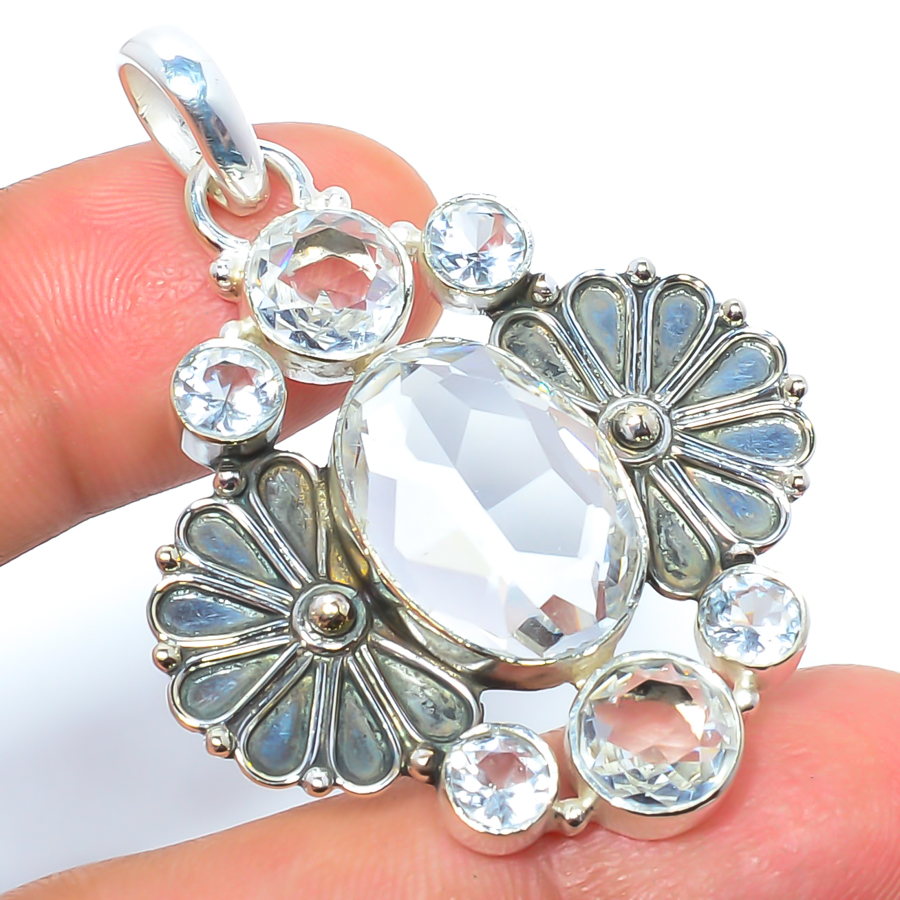 White Topaz 925 Sterling Silver Pendant, Handmade Pendant, Oval Pendant, White Pendant, Unique Silver Pendant, Fine Pendant, Silver Jewelry Pendant