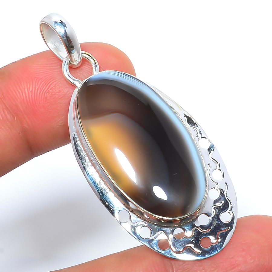 Botswana Agate 925 Sterling Silver Pendant, Handmade Pendant, Oval Pendant, Black Pendant, Unique Silver Pendant, Fine Pendant, Silver Jewelry Pendant