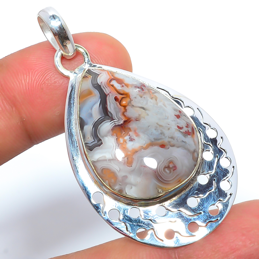 Laguna Lace Agate 925 Sterling Silver Pendant, Handmade Pendant, Pear Pendant, Red Pendant, Unique Silver Pendant, Fine Pendant, Silver Jewelry Pendant