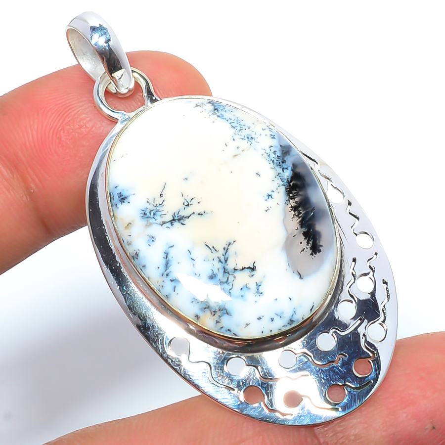 Dendritic Opal 925 Sterling Silver Pendant, Handmade Pendant, Oval Pendant, White Pendant, Unique Silver Pendant, Fine Pendant, Silver Jewelry Pendant