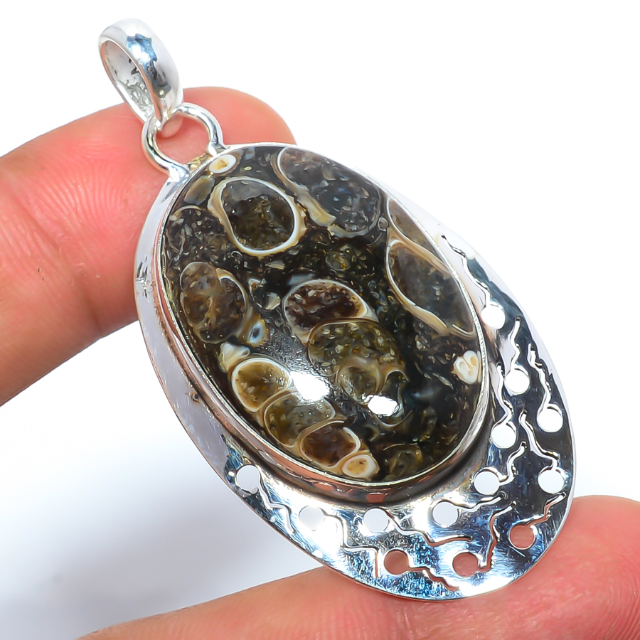 Turritella Fossil Agate 925 Sterling Silver Pendant, Handmade Pendant, Oval Pendant, Brown Pendant, Unique Silver Pendant, Fine Pendant, Silver Jewelry Pendant
