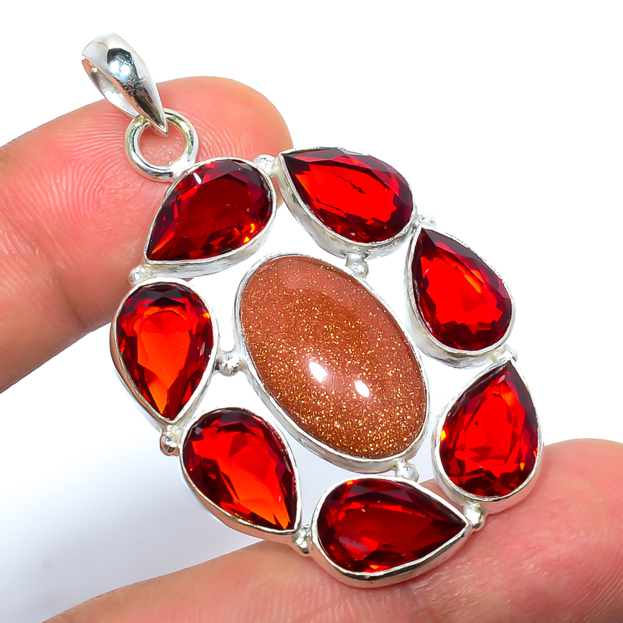 Golden Sunstone & Garnet 925 Sterling Silver Pendant, Handmade Pendant, Oval Pendant, Golden Pendant, Unique Silver Pendant, Fine Pendant, Silver Jewelry Pendant