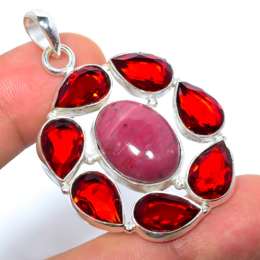 Black Manganese In Rhodonite & Garnet 925 Sterling Silver Pendant, Handmade Pendant, Oval Pendant, Pink Pendant, Unique Silver Pendant, Fine Pendant, Silver Jewelry Pendant