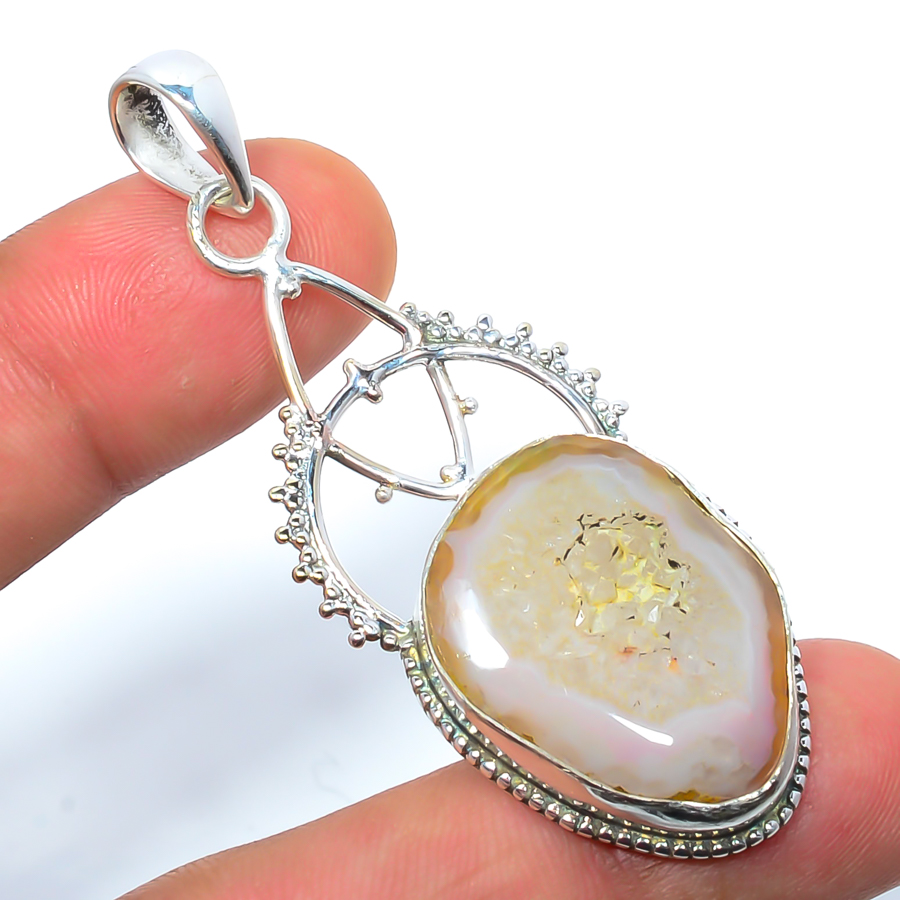 Window Drusy 925 Sterling Silver Pendant, Handmade Pendant, Pear Pendant, White Pendant, Unique Silver Pendant, Fine Pendant, Silver Jewelry Pendant