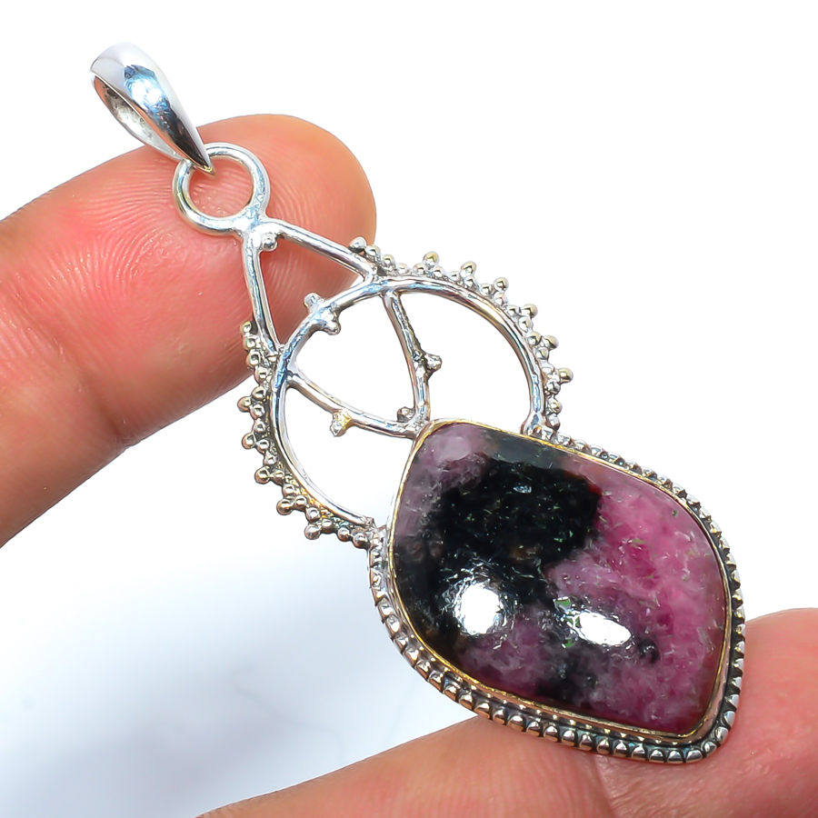 Black Manganese In Rhodonite 925 Sterling Silver Pendant, Handmade Pendant, Pear Pendant, Pink Pendant, Unique Silver Pendant, Fine Pendant, Silver Jewelry Pendant
