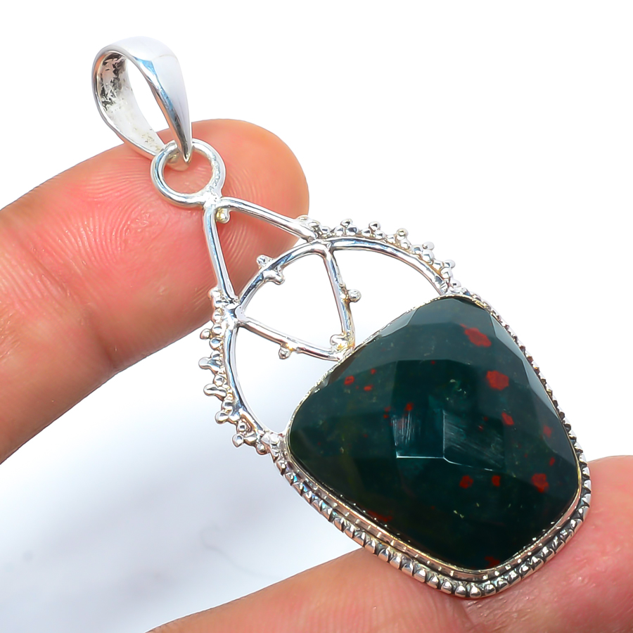 Bloodstone 925 Sterling Silver Pendant, Handmade Pendant, Teapured Baguette Pendant, Green Pendant, Unique Silver Pendant, Fine Pendant, Silver Jewelry Pendant