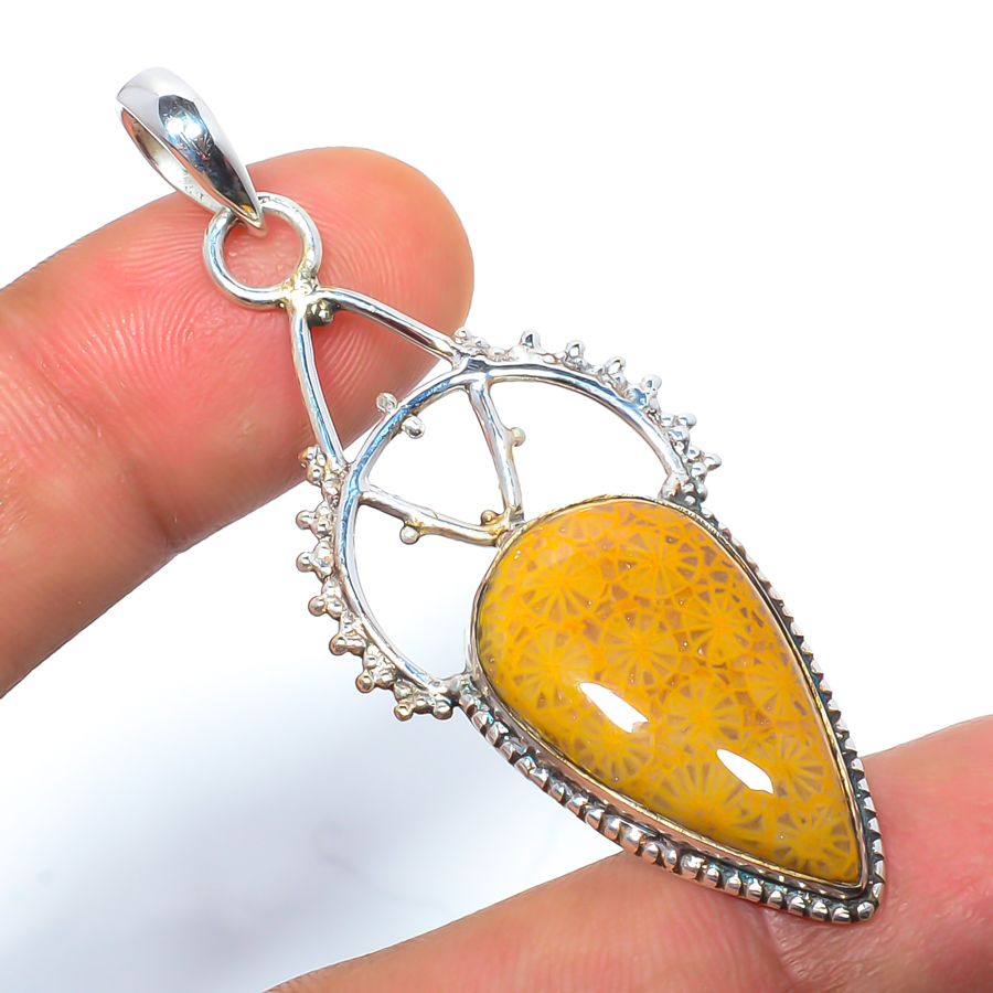 Fossil Coral 925 Sterling Silver Pendant, Handmade Pendant, Pear Pendant, Yellow Pendant, Unique Silver Pendant, Fine Pendant, Silver Jewelry Pendant