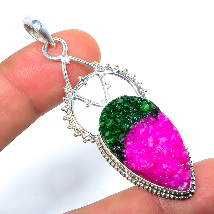 Bi-Colour Quartz Drusy 925 Sterling Silver Pendant, Handmade Pendant, Pear Pendant, Pink Pendant, Unique Silver Pendant, Fine Pendant, Silver Jewelry Pendant