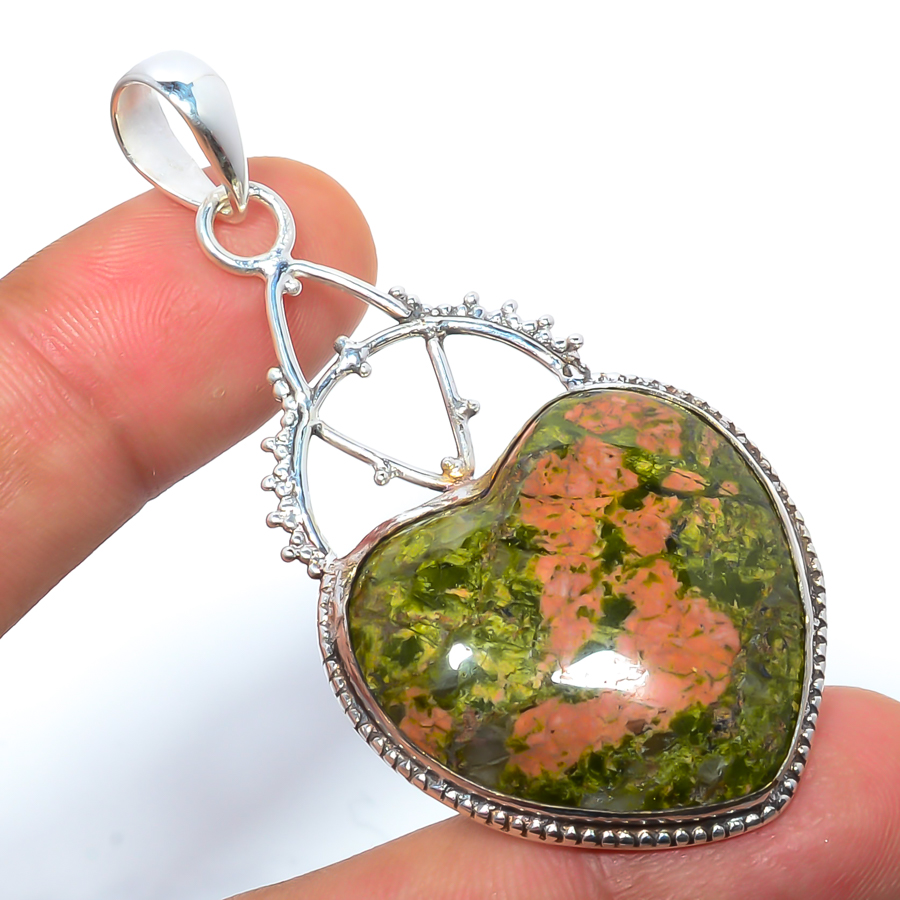 Unakite Jasper 925 Sterling Silver Pendant, Handmade Pendant, Heart Pendant, Green Pendant, Unique Silver Pendant, Fine Pendant, Silver Jewelry Pendant