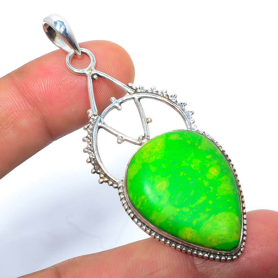 Green Turquoise 925 Sterling Silver Pendant, Handmade Pendant, Pear Pendant, Green Pendant, Unique Silver Pendant, Fine Pendant, Silver Jewelry Pendant