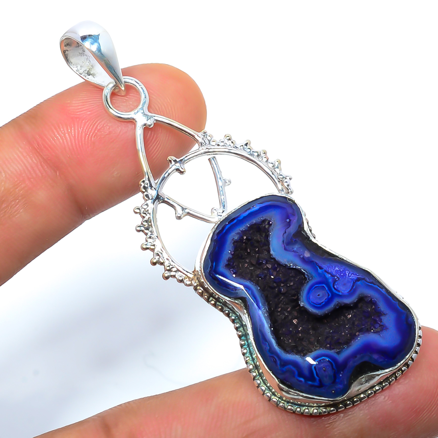 Blue Agate Drusy 925 Sterling Silver Pendant, Handmade Pendant, Fancy Pendant, Blue Pendant, Unique Silver Pendant, Fine Pendant, Silver Jewelry Pendant