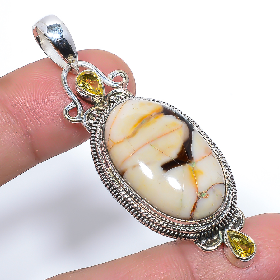 Petrified Peanut Wood Jasper & Citrine 925 Sterling Silver Pendant, Handmade Pendant, Oval Pendant, Brown Pendant, Unique Silver Pendant, Fine Pendant, Silver Jewelry Pendant