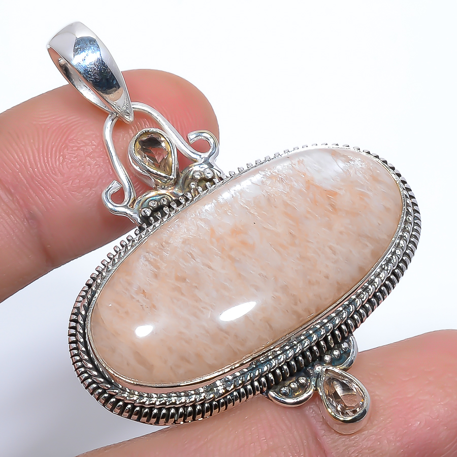 Amazonite - Beige & Morganite 925 Sterling Silver Pendant, Handmade Pendant, Oval Pendant, Beige Pendant, Unique Silver Pendant, Fine Pendant, Silver Jewelry Pendant