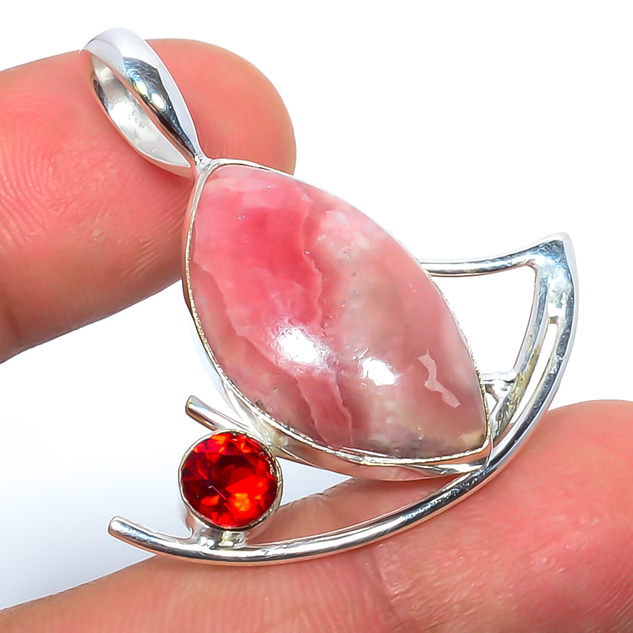 Rhodochrosite & Garnet 925 Sterling Silver Pendant, Handmade Pendant, Marquise Pendant, Pink Pendant, Unique Silver Pendant, Fine Pendant, Silver Jewelry Pendant