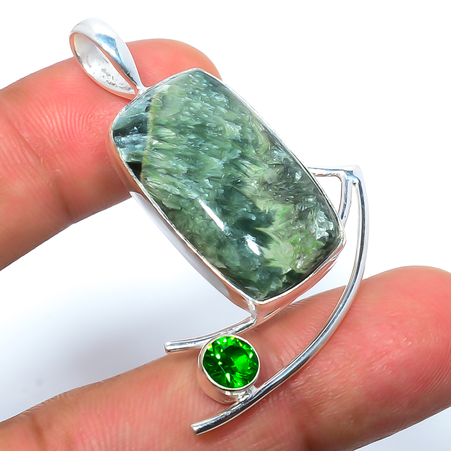 Seraphinite & Chrome Diopside 925 Sterling Silver Pendant, Handmade Pendant, Baguette Pendant, Green Pendant, Unique Silver Pendant, Fine Pendant, Silver Jewelry Pendant