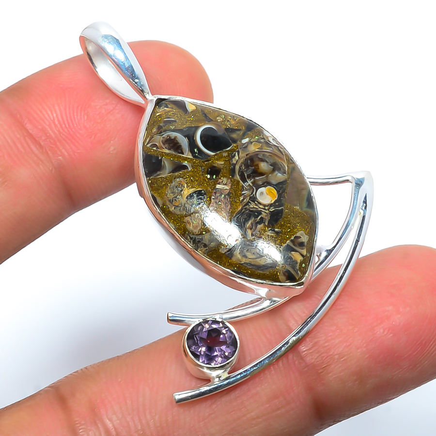 Copper Turritella Fossil Agate & Amethyst- 925 Sterling Silver Pendant, Handmade Pendant, Marquise Pendant, Brown Pendant, Unique Silver Pendant, Fine Pendant, Silver Jewelry Pendant