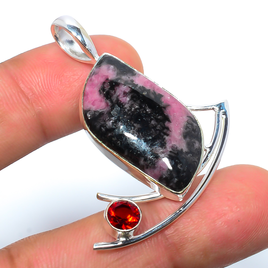 Black Manganese In Rhodonite & Garnet 925 Sterling Silver Pendant, Handmade Pendant, Fancy Pendant, Pink Pendant, Unique Silver Pendant, Fine Pendant, Silver Jewelry Pendant