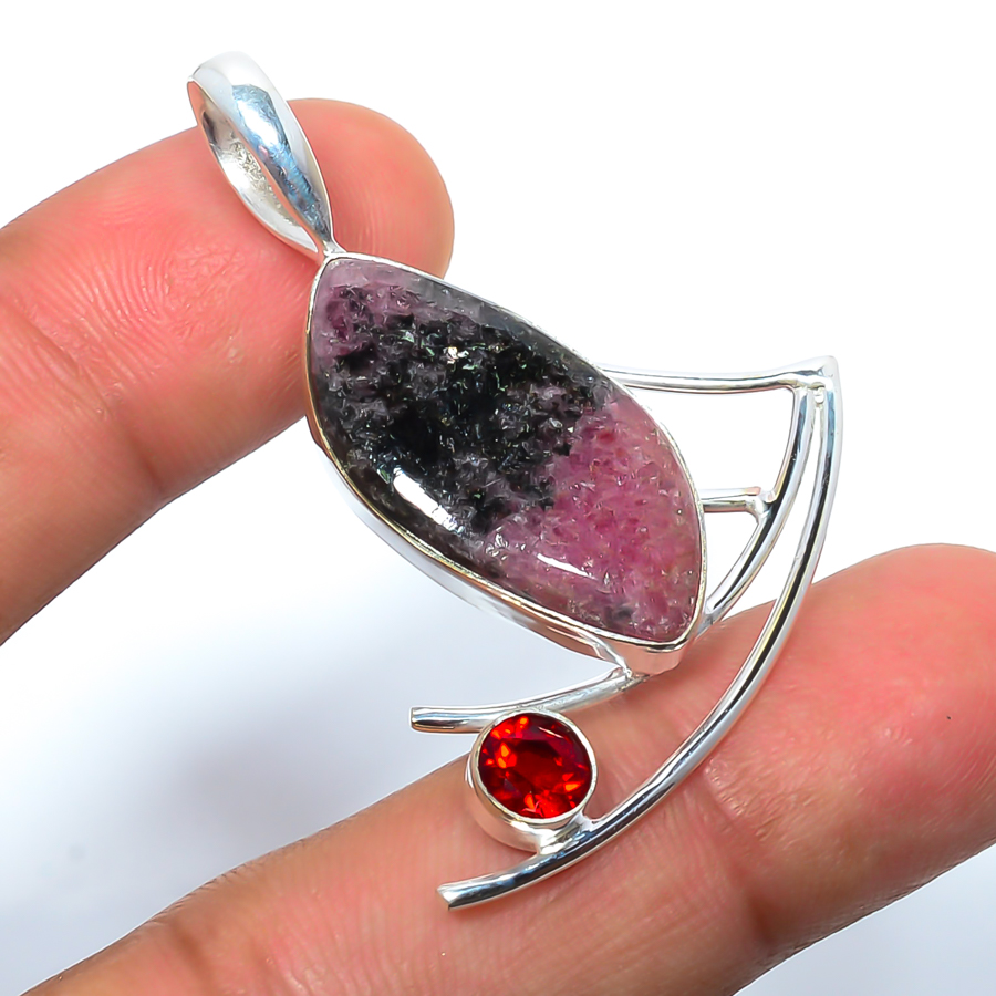 Black Manganese In Rhodonite & Garnet 925 Sterling Silver Pendant, Handmade Pendant, Marquise Pendant, Pink Pendant, Unique Silver Pendant, Fine Pendant, Silver Jewelry Pendant