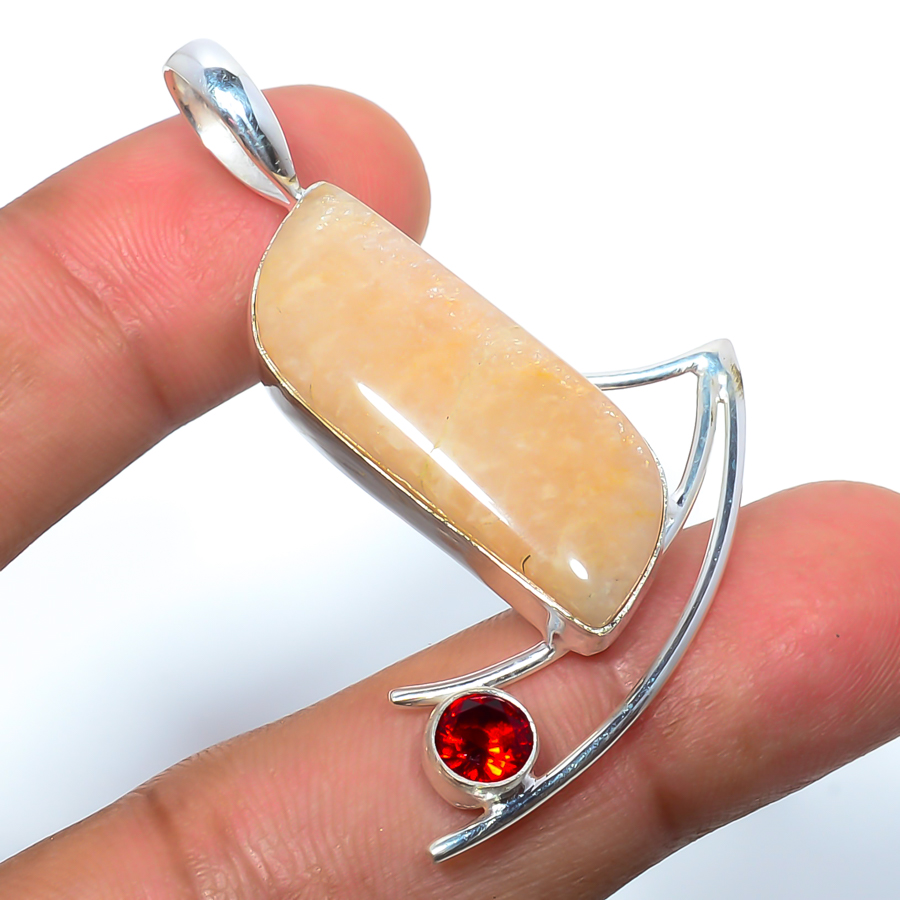 Amazonite - Beige & Garnet 925 Sterling Silver Pendant, Handmade Pendant, Fancy Pendant, Beige Pendant, Unique Silver Pendant, Fine Pendant, Silver Jewelry Pendant