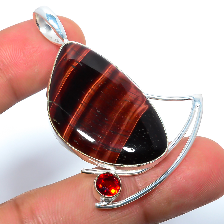 Yellow Tiger Eye & Garnet 925 Sterling Silver Pendant, Handmade Pendant, Trillion Pendant, Brown Pendant, Unique Silver Pendant, Fine Pendant, Silver Jewelry Pendant