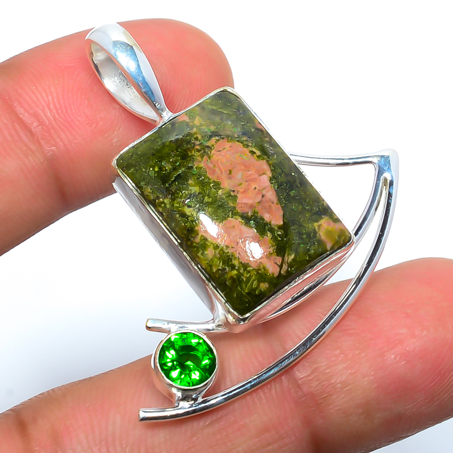 Unakite Jasper & Chrome Diopside 925 Sterling Silver Pendant, Handmade Pendant, Baguette Pendant, Green Pendant, Unique Silver Pendant, Fine Pendant, Silver Jewelry Pendant