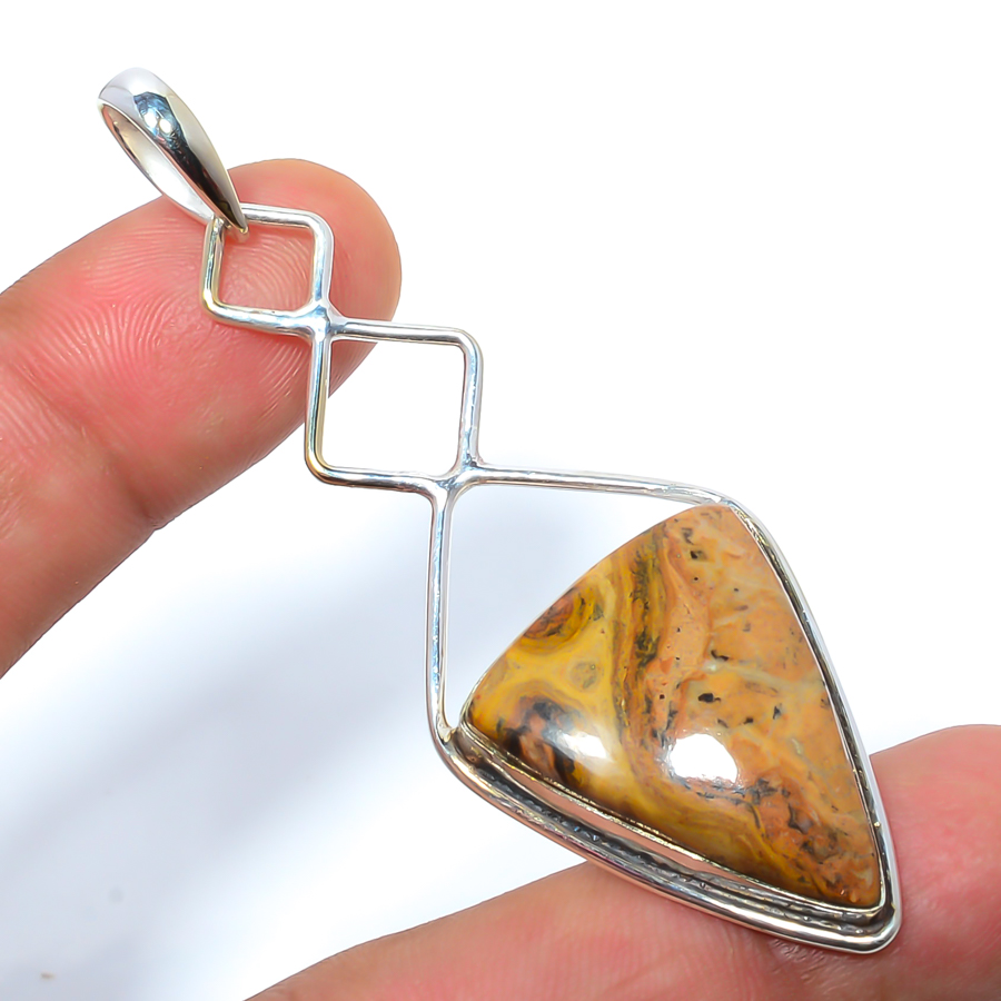 Landscape Jasper 925 Sterling Silver Pendant, Handmade Pendant, Trillion Pendant, Yellow Pendant, Unique Silver Pendant, Fine Pendant, Silver Jewelry Pendant