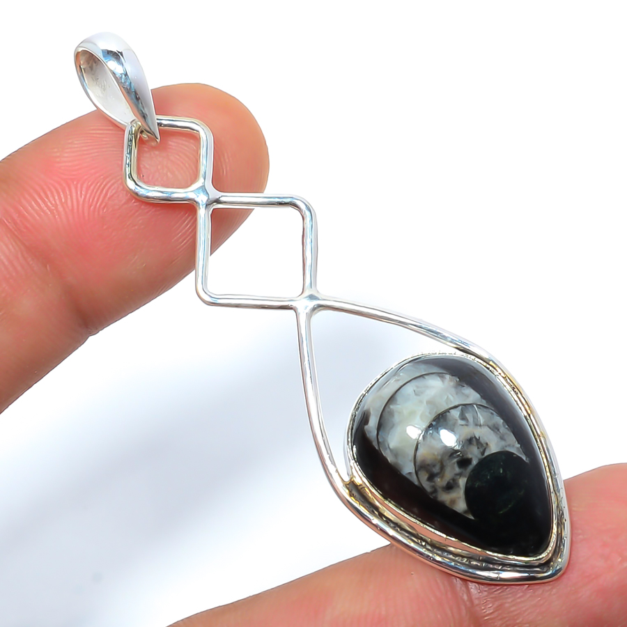 Orthoceras Fossil 925 Sterling Silver Pendant, Handmade Pendant, Pear Pendant, Black Pendant, Unique Silver Pendant, Fine Pendant, Silver Jewelry Pendant