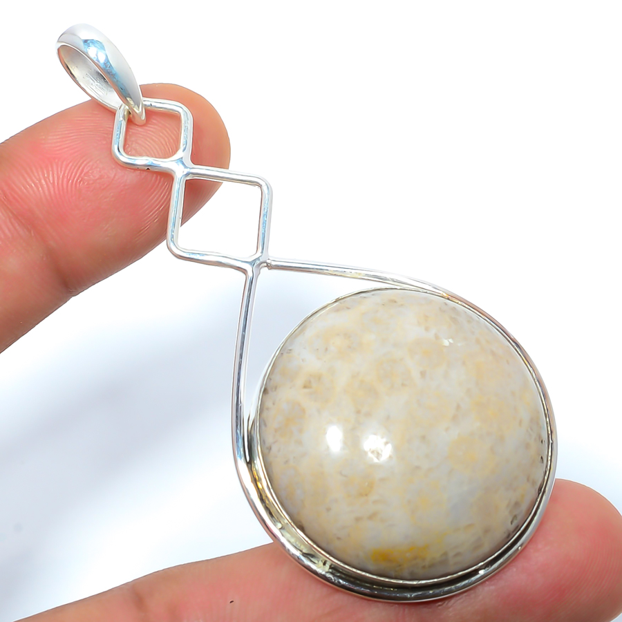 Fossil Coral 925 Sterling Silver Pendant, Handmade Pendant, Round Pendant, Yellow Pendant, Unique Silver Pendant, Fine Pendant, Silver Jewelry Pendant