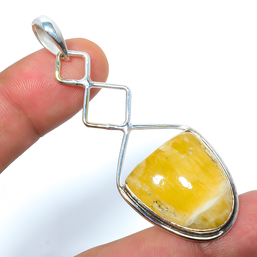 Yellow Aragonite 925 Sterling Silver Pendant, Handmade Pendant, Oval Pendant, Yellow Pendant, Unique Silver Pendant, Fine Pendant, Silver Jewelry Pendant