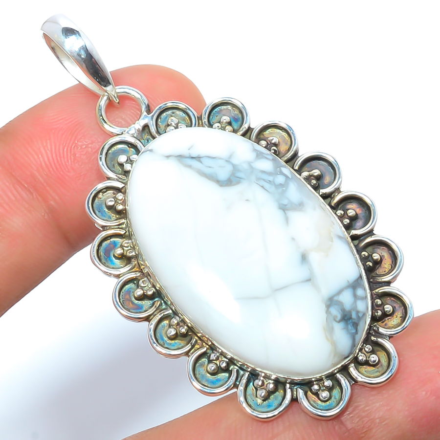 Howlite 925 Sterling Silver Pendant, Handmade Pendant, Oval Pendant, White Pendant, Unique Silver Pendant, Fine Pendant, Silver Jewelry Pendant