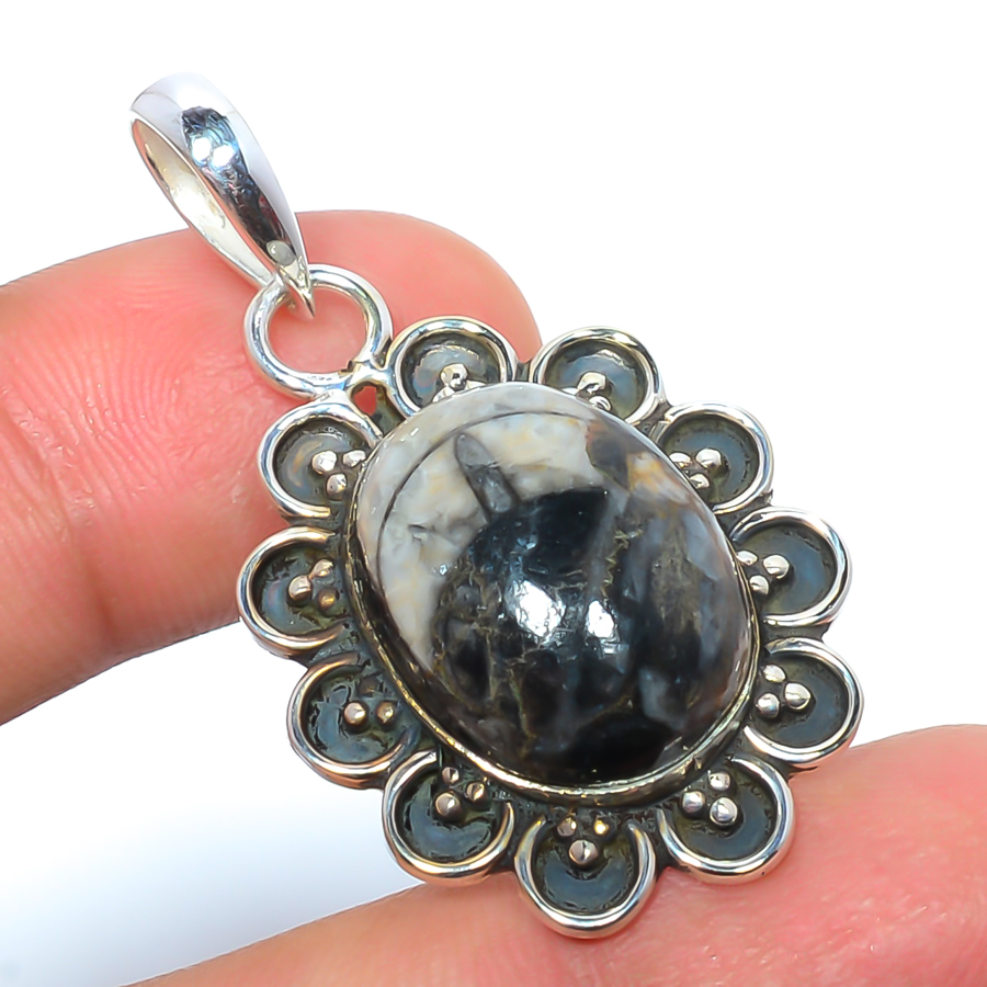 Orthoceras Fossil 925 Sterling Silver Pendant, Handmade Pendant, Oval Pendant, Black Pendant, Unique Silver Pendant, Fine Pendant, Silver Jewelry Pendant