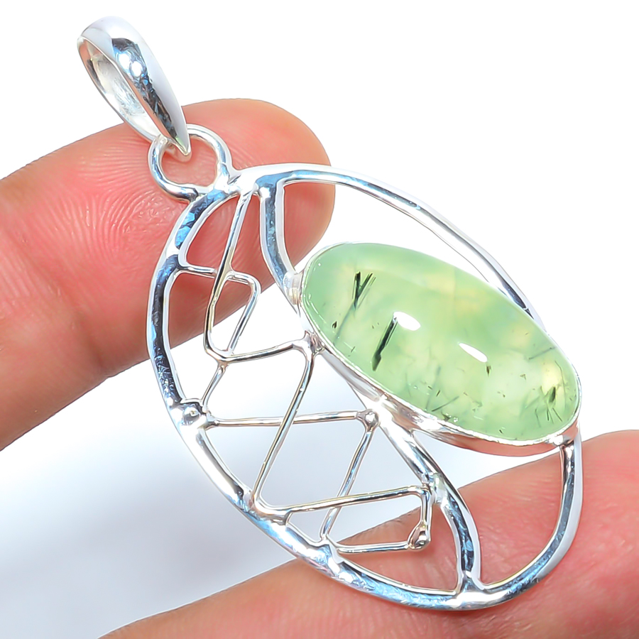 Prehnite 925 Sterling Silver Pendant, Handmade Pendant, Oval Pendant, Green Pendant, Unique Silver Pendant, Fine Pendant, Silver Jewelry Pendant