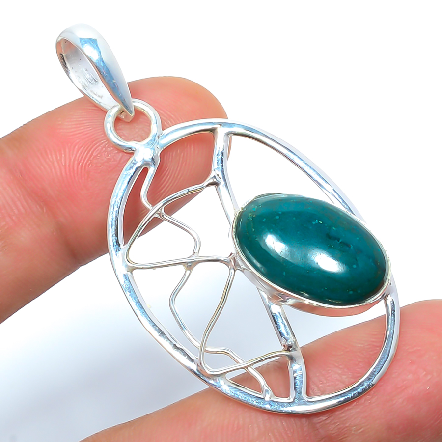 Chrysocolla 925 Sterling Silver Pendant, Handmade Pendant, Oval Pendant, Blue Pendant, Unique Silver Pendant, Fine Pendant, Silver Jewelry Pendant