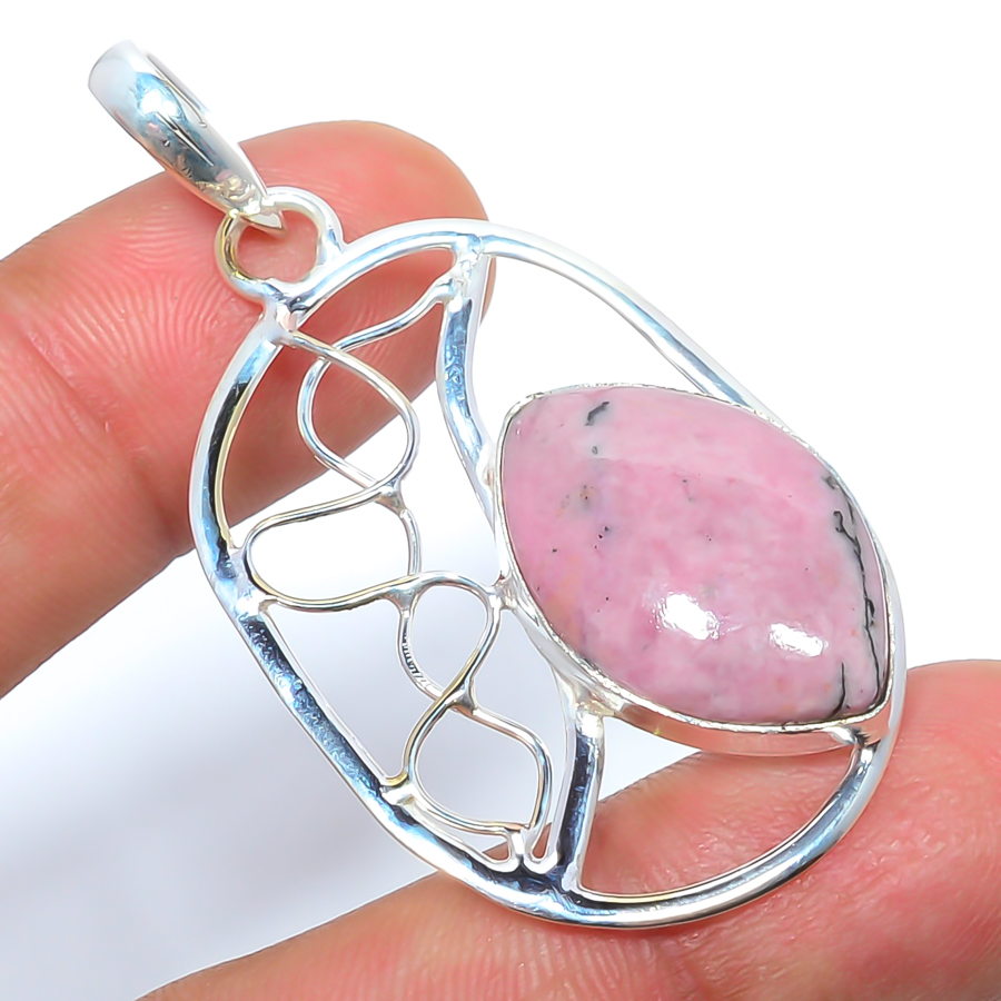 Black Manganese In Rhodonite 925 Sterling Silver Pendant, Handmade Pendant, Marquise Pendant, Pink Pendant, Unique Silver Pendant, Fine Pendant, Silver Jewelry Pendant
