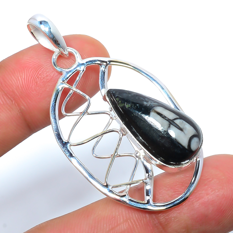 Orthoceras Fossil 925 Sterling Silver Pendant, Handmade Pendant, Pear Pendant, Black Pendant, Unique Silver Pendant, Fine Pendant, Silver Jewelry Pendant