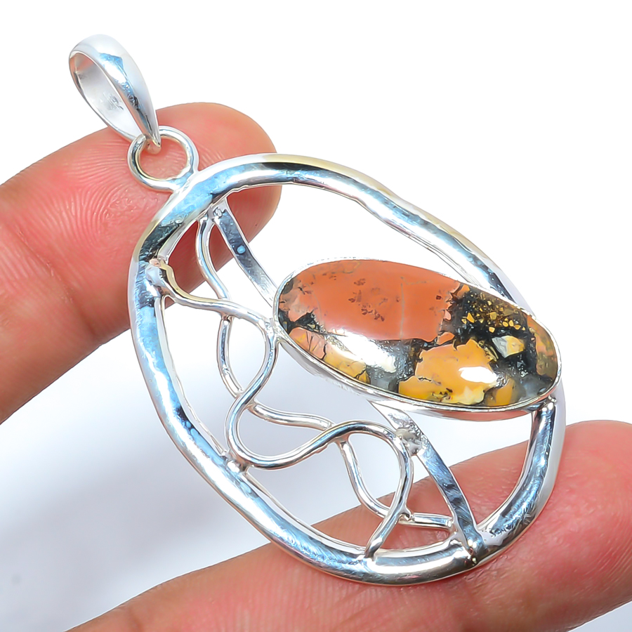 Malingano Jasper 925 Sterling Silver Pendant, Handmade Pendant, Oval Pendant, Orange Pendant, Unique Silver Pendant, Fine Pendant, Silver Jewelry Pendant